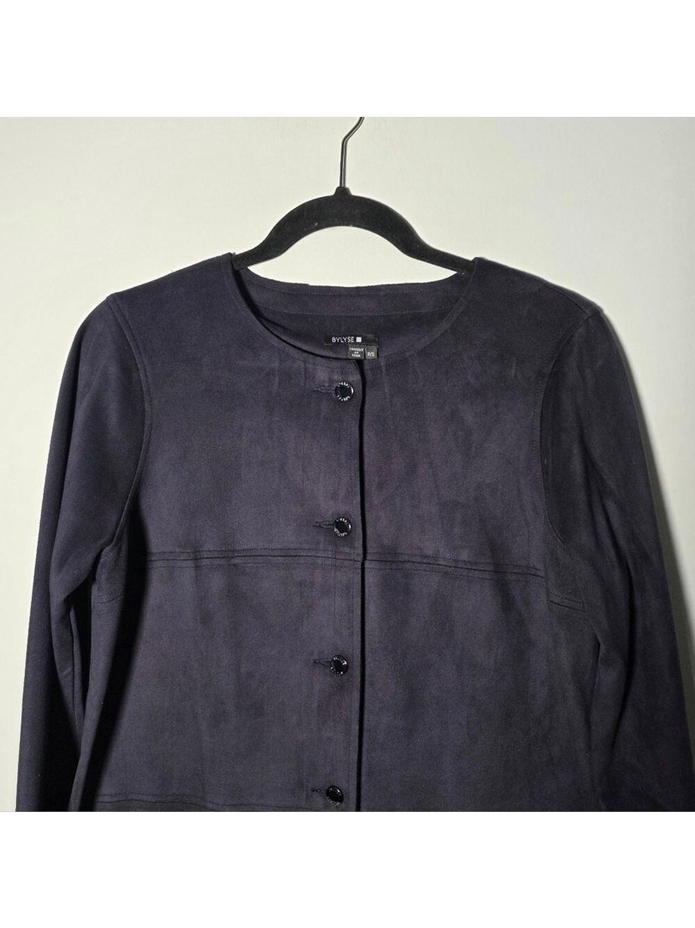 Bylyse Longline Faux Suede Jacket Navy Button Front Pockets Small - Picture 3 of 12